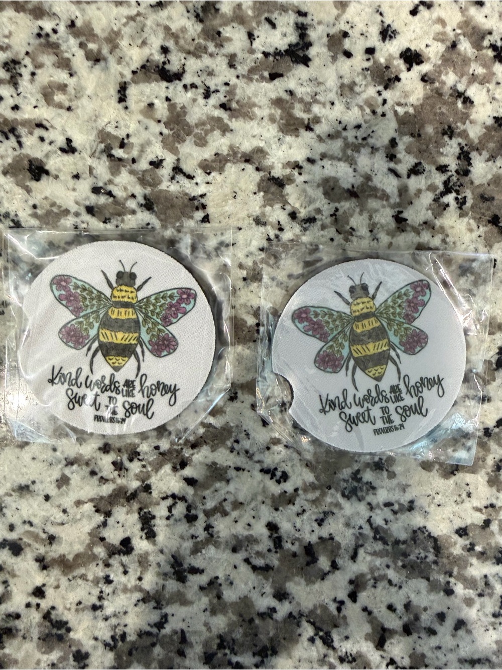 Bee Graphic Car Coasters - Yellow, Pink, Green